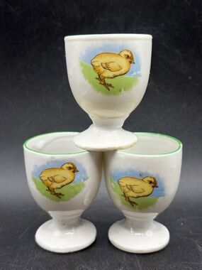 Vintage Ceramic Chick Motif Ceramic Egg Cups, Set 3 Kawaii Cottagecore Kitchen